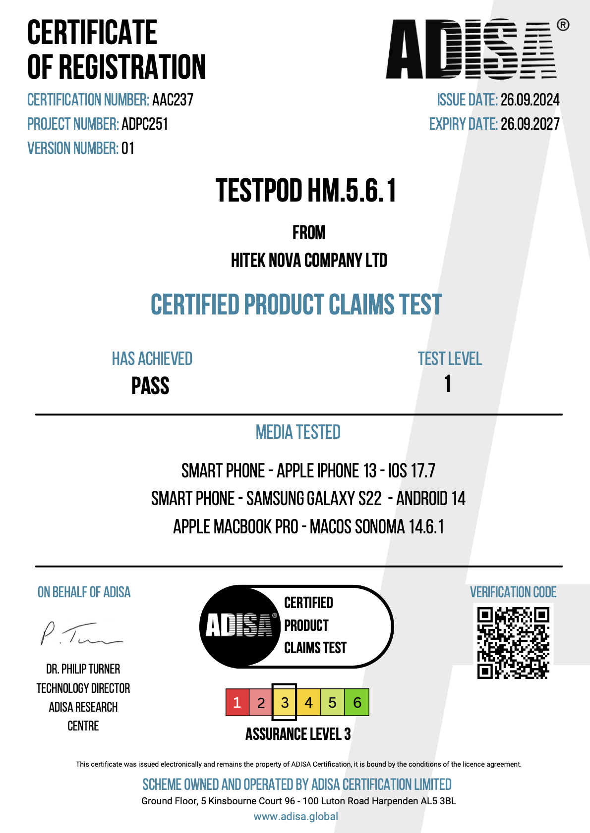 ADISA AAL Level 3 Certificate ADPC251 — testPod certified data erasure